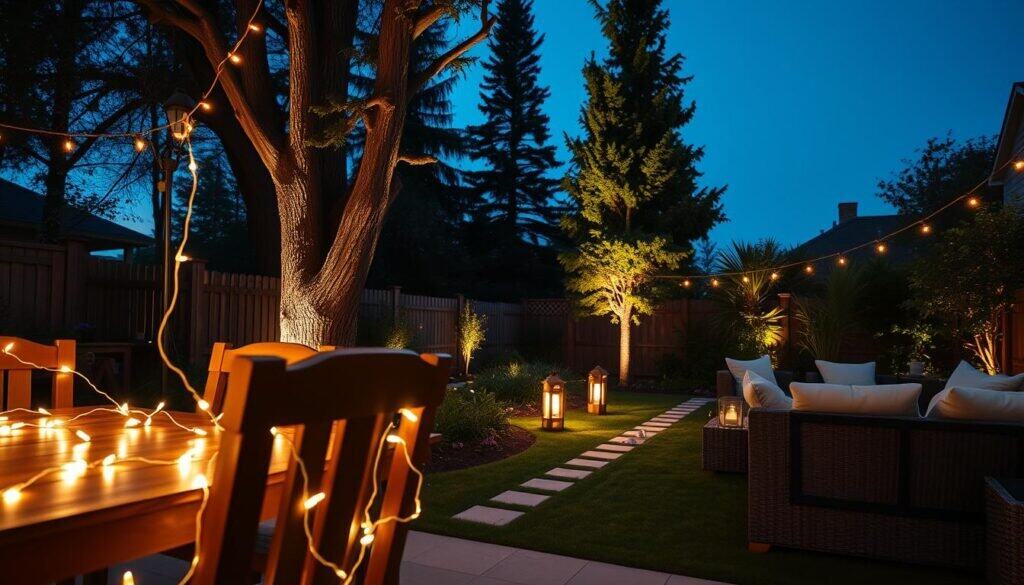 A beautifully designed backyard at dusk, showcasing a variety of outdoor lighting ideas that create an inviting atmosphere. In the foreground, a wooden dining table adorned with fairy lights elegantly draped around the chairs, casting a warm glow. In the middle, strategically placed lanterns and pathway lights illuminate a garden pathway, leading to a cozy seating area with plush cushions. In the background, tall trees softly lit with spotlights contrast against a deepening blue sky. The scene is captured from a low angle, emphasizing the height of the trees and the stunning interplay of light and shadow. The overall mood is tranquil and enchanting, perfect for outdoor gatherings. Bright natural light with a touch of soft sunlight enhances the airy, welcoming ambiance of the backyard.