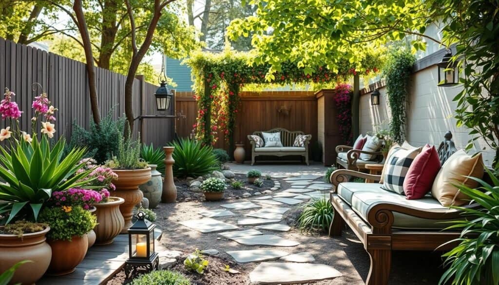 A beautifully designed backyard garden scene featuring creative decor ideas that enhance texture and visual interest. In the foreground, elegant decorative pots with vibrant flowers and lush green plants cascade over a rustic wooden bench adorned with cozy cushions. The middle ground showcases a winding stone path lined with unique sculptures, whimsical garden ornaments, and lanterns casting soft golden light. In the background, a green trellis draped with colorful climbing vines frames a serene seating area, inviting relaxation under the dappled sunlight filtering through the leaves. The atmosphere is tranquil and inviting, embodying a harmonious balance of light and shade. The image is captured in bright, natural light with a soft focus, emphasizing the warmth and comfort of the backyard oasis.