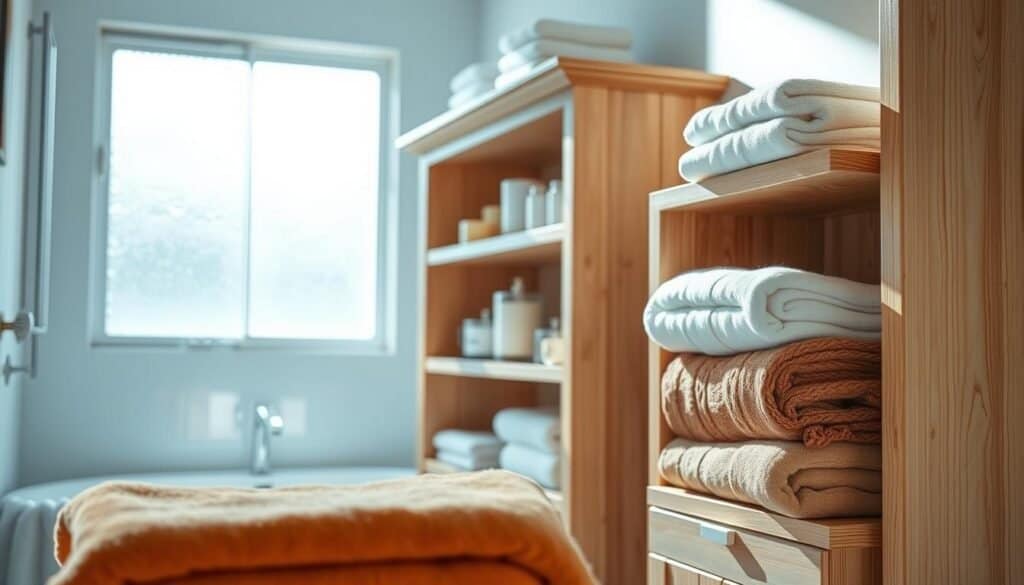 A beautifully designed bathroom linen tower, crafted from light-colored wood, showcasing neatly folded towels and bathroom supplies in an organized manner. The foreground features warm tones of plush, colorful towels stacked elegantly, while the middle showcases the linen tower with open shelves, displaying neatly arranged toiletries like soap and candles. In the background, a softly lit bathroom with natural light streaming in through a frosted window creates a serene atmosphere. The scene captures a sense of calm and functionality, emphasizing the linen tower’s contribution to bathroom organization. The lighting is bright yet soft, enhancing the texture of the wood and towels. The angle is slightly elevated, providing a comprehensive view of the linen tower's design and its inviting, tidy appearance.