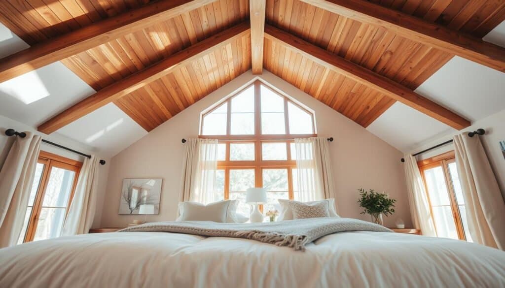 A beautifully designed bedroom featuring a vaulted ceiling, showcasing warm wooden beams that create an inviting atmosphere. In the foreground, plush bedding in soft, neutral tones enhances the cozy feel, complemented by decorative pillows and a textured throw. The middle ground captures a stylish nightstand with a sleek lamp and a few well-chosen decorative elements. The background reveals large windows draped with light, airy curtains, allowing soft, natural sunlight to flood the space, casting gentle shadows on the walls. The overall mood is serene and uplifting, with a contemporary aesthetic that balances warmth and openness. The composition is shot from a slightly elevated angle to emphasize the grandeur of the vaulted ceiling and the spaciousness of the room.