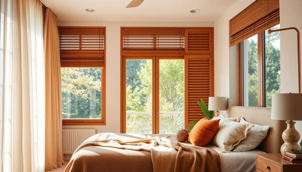 A beautifully designed bedroom featuring an array of window treatment strategies to optimize light control and create a cozy atmosphere. In the foreground, showcase sheer curtains gently fluttering in the soft, natural light, paired with elegant wooden blinds slightly open to allow sunlight to filter through. The middle ground reveals a well-made bed with warm-toned bedding, accent pillows, and a cozy throw, inviting relaxation. The background includes a large window with a stunning view of greenery, enhancing the sense of tranquility. The room is illuminated by bright, airy sunlight, creating a welcoming and warm ambiance. The composition emphasizes harmony between style and comfort, with a slight tilt angle to capture the full beauty of the space.