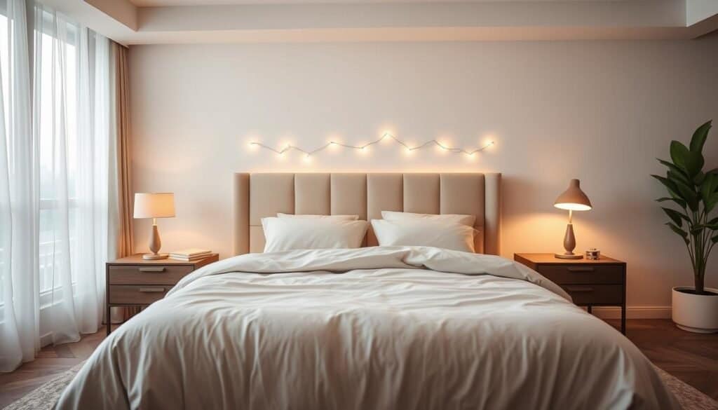 A beautifully designed bedroom featuring strategic lighting for relaxation. In the foreground, a cozy bed with soft, neutral-colored linens and plush pillows creates a welcoming space. On either side of the bed, sleek bedside tables hold dimmable lamps that cast a warm, inviting glow, enhancing the sense of tranquility. In the middle, a soft area rug underfoot adds texture, while strategically placed fairy lights along the headboard create a serene ambiance. The background showcases large windows with sheer curtains allowing soft sunlight to filter in, illuminating the room with natural warmth. A calming color palette of pastels and earthy tones complements the soft lighting. The mood is peaceful and serene, perfect for relaxation and better sleep.