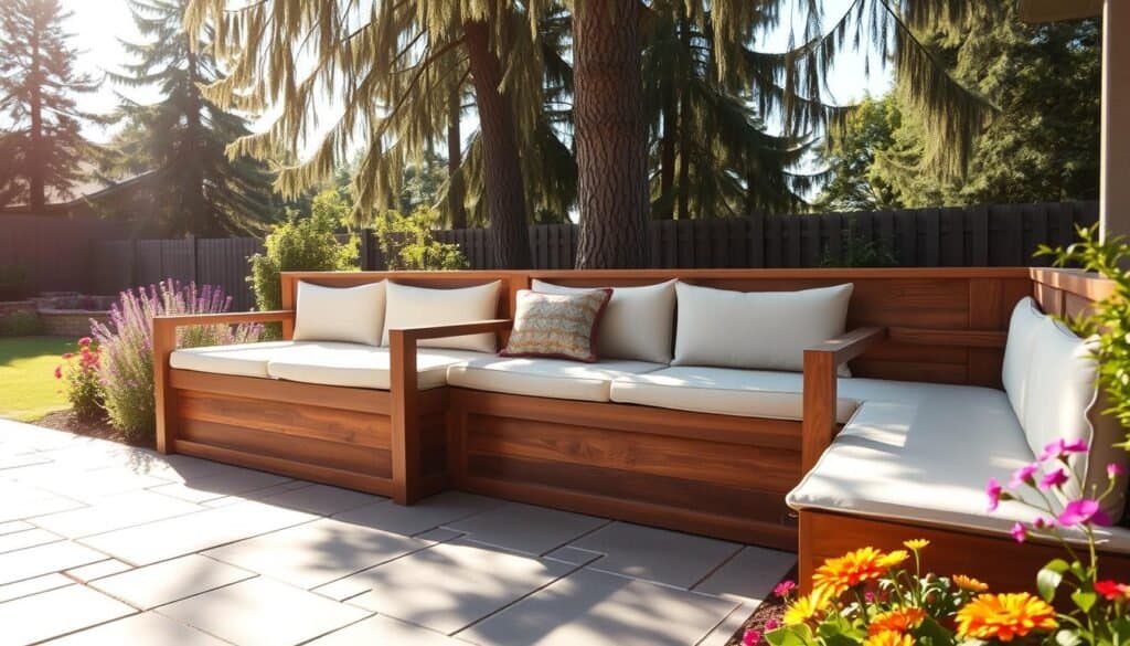 A beautifully designed built-in bench seating area situated in a well-lit backyard, showcasing rich wooden materials with a smooth finish. The bench, comfortably padded with plush, light-colored cushions, extends along a stone patio that is bordered by vibrant flower beds and lush greenery. In the foreground, soft sunlight casts delicate shadows on the bench, illuminating its inviting nature. In the middle ground, a decorative throw pillow adds a pop of color to the seating. The background features tall trees swaying gently in a light breeze, creating a tranquil atmosphere. The overall mood is warm and inviting, ideal for relaxation and social gatherings. The scene is captured in a wide-angle, emphasizing the spaciousness and comfort of the seating area.