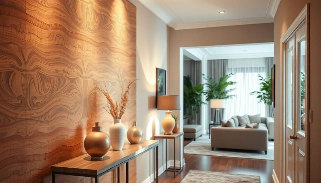 A beautifully designed entrance foyer wall showcasing a creative transformation without paint or wallpaper. The foreground features a textured wooden paneling with intricate carvings, elegantly lit by soft, diffused natural light from a nearby window. In the middle ground, a console table adorned with decorative vases and a stylish lamp complements the wall design, adding warmth to the space. The background reveals a glimpse of an airy, lush living room adorned with greenery, enhancing the overall inviting atmosphere. The lighting creates gentle shadows, emphasizing the textures and details of the wall. The scene captures a cozy, yet sophisticated mood, ideal for a welcoming entrance.