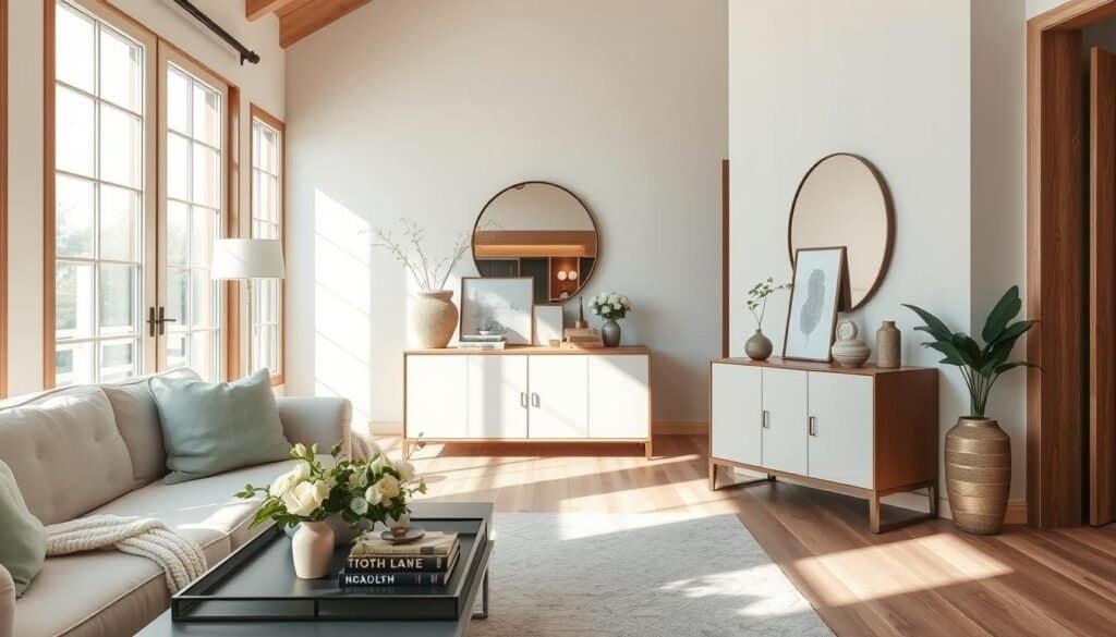 A beautifully designed entry living room that exudes warmth and lightness. In the foreground, a cozy, inviting seating area with a plush light-colored sofa adorned with pastel cushions and a soft throw. A stylish coffee table rests in front, decorated with fresh flowers and a few art books. The middle layer features a sleek console table against the wall, displaying tasteful decor items and a modern mirror that reflects natural light. In the background, large windows allow soft sunlight to stream in, illuminating the entire space. The walls are painted in a soft, neutral tone, complemented by wooden accents. The atmosphere is welcoming and serene, creating a vibrant yet tranquil environment that feels like home. Capture this scene with a wide-angle lens to emphasize the spaciousness and airy feel.