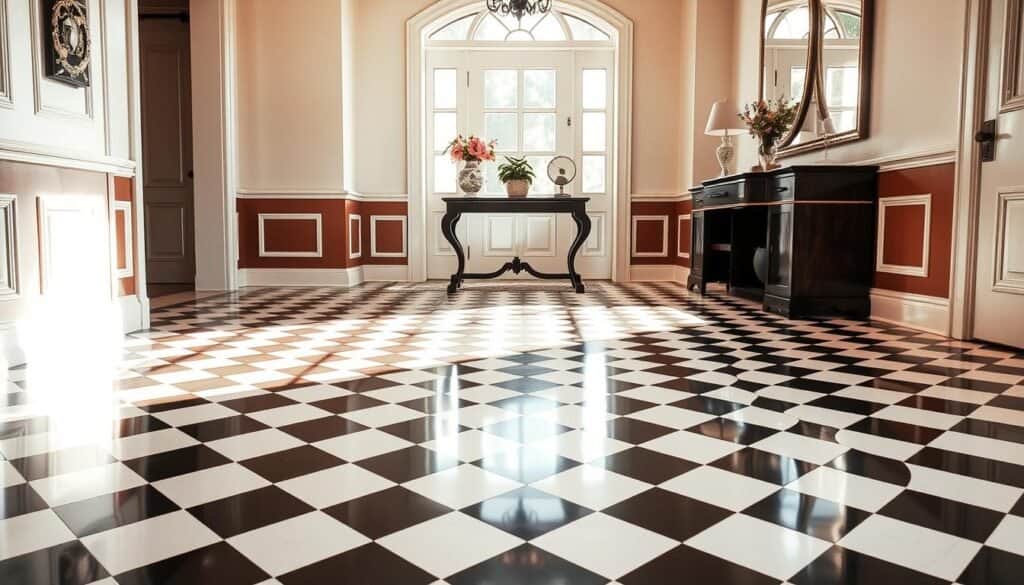 A beautifully designed entryway featuring a striking black and white checkerboard floor that captures attention. In the foreground, the floor tiles are glossy and reflect soft natural light, creating a welcoming atmosphere. The middle ground showcases a stylish console table adorned with a vase of fresh flowers and a small decorative mirror, enhancing the space's inviting feel. In the background, a bright doorway allows soft sunlight to stream in, illuminating the area. The walls are painted in a light, neutral tone to complement the floor. The overall mood conveys warmth and elegance, making it feel open and uncluttered, perfect for a modern home. Shot with a wide-angle lens at a slightly elevated angle to capture the entire entryway.