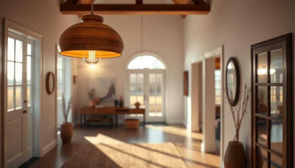 A beautifully designed entryway featuring elegant wood-accented lighting solutions. In the foreground, a stylish pendant light made of warm-toned wood hangs gracefully from a high ceiling, illuminating the space with soft, airy natural light. The middle ground reveals a welcoming entryway console table adorned with decorative items, set against a backdrop of crisp white walls. Delicate shadows dance across the floor, highlighting a textured area rug that adds warmth. In the background, large windows allow golden sunlight to filter through, casting a tranquil glow throughout the room. The atmosphere is inviting and cozy, conveying a sense of warmth and comfort, complemented by the soft tones of the wood and natural elements in the décor.