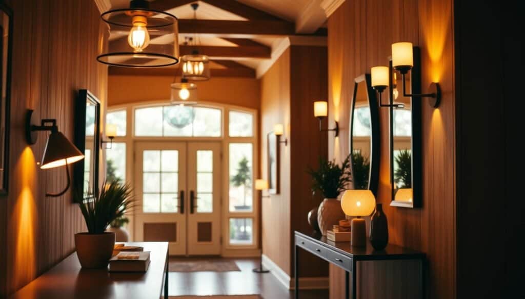 A beautifully designed entryway illuminated by various lighting fixtures, showcasing a warm and inviting atmosphere. In the foreground, a sleek console table adorned with decorative items and a small plant. The middle ground features stylish pendant lights and wall sconces casting soft, ambient light, highlighting the textures of the wooden walls and stylish decor. In the background, a large window allows bright, natural light to filter in, creating an airy feel. Warm, golden hues dominate the scene, emphasizing comfort and elegance, captured with a slight angle to showcase depth. The overall mood is welcoming and bright, evoking a sense of home. No people are included in the image.