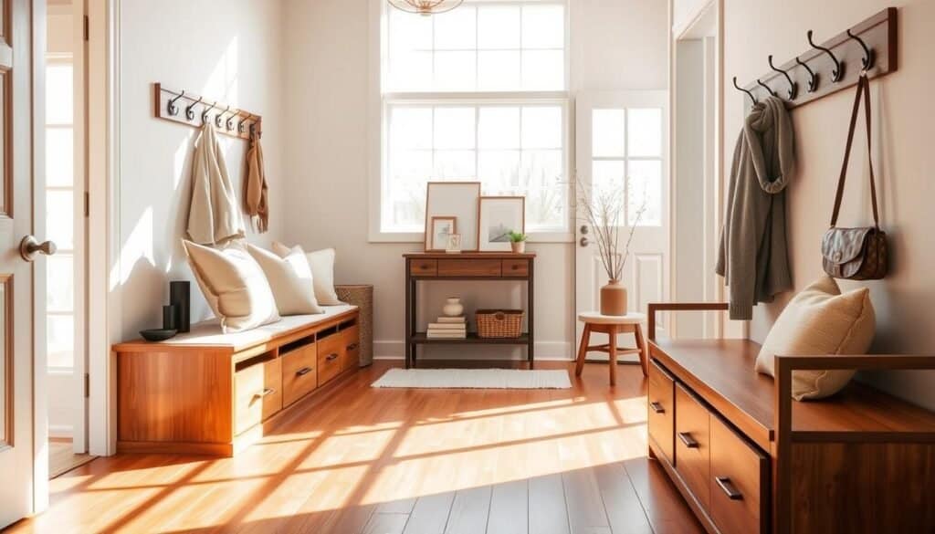 A beautifully designed entryway showcasing functional storage solutions seamlessly integrated into the décor. In the foreground, a stylish wooden bench with built-in drawers offers cozy seating, adorned with decorative pillows in soft earthy tones. The middle ground features a chic coat rack with elegant hooks and a small console table displaying minimalist décor items. In the background, a large window lets in bright natural light, casting soft shadows across the warm wood flooring. The atmosphere is airy and inviting, reflecting a perfect blend of practicality and beauty. Use a wide-angle lens to capture the openness, ensuring soft sunlight enhances the natural colors and textures without harsh contrasts.