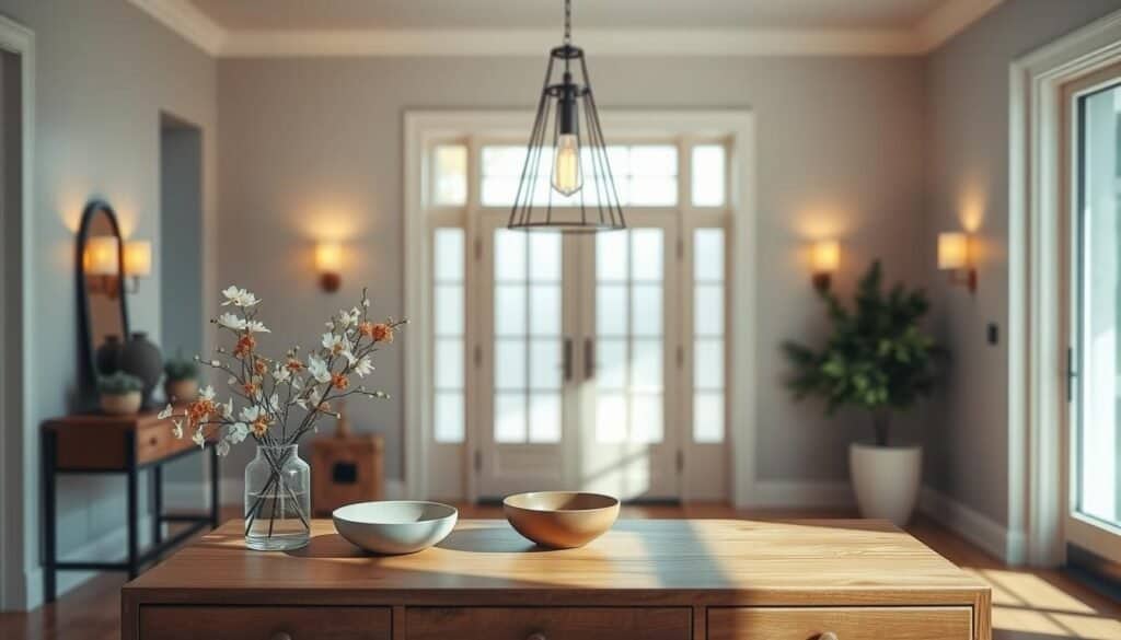 A beautifully designed entryway showcasing layering lighting to create warmth and ambiance. In the foreground, a stylish wooden console table adorned with a modest vase of fresh flowers and a decorative bowl. In the middle, a statement pendant light hangs from the ceiling, casting a warm glow, accompanied by soft sconces on the walls, creating an inviting atmosphere. The background features a welcoming front door with frosted glass, allowing gentle natural light to filter in, illuminating the space gently. Use a soft focus lens effect to enhance the cozy feel. The scene captures a blend of bright natural light and soft sunlight, emphasizing an airy, well-lit environment that feels both modern and inviting.