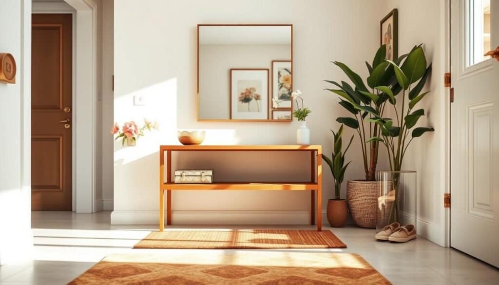 A beautifully designed entryway that exudes warmth and welcoming vibes, featuring an elegant wooden console table with fresh flowers and a small decorative bowl. The foreground includes a stylishly arranged entry mat and a pair of comfortable shoes neatly placed beside it. In the middle, a large mirror hangs on a pale-hued wall, reflecting soft natural light cascading in from a nearby window. The background showcases a light-filled space with potted plants and tasteful wall art that enhances the inviting atmosphere. The scene captures a perfect blend of modern and cozy elements, illuminated by soft sunlight, creating an airy, well-lit mood. The angle should highlight the depth of the entryway, emphasizing cleanliness and order.