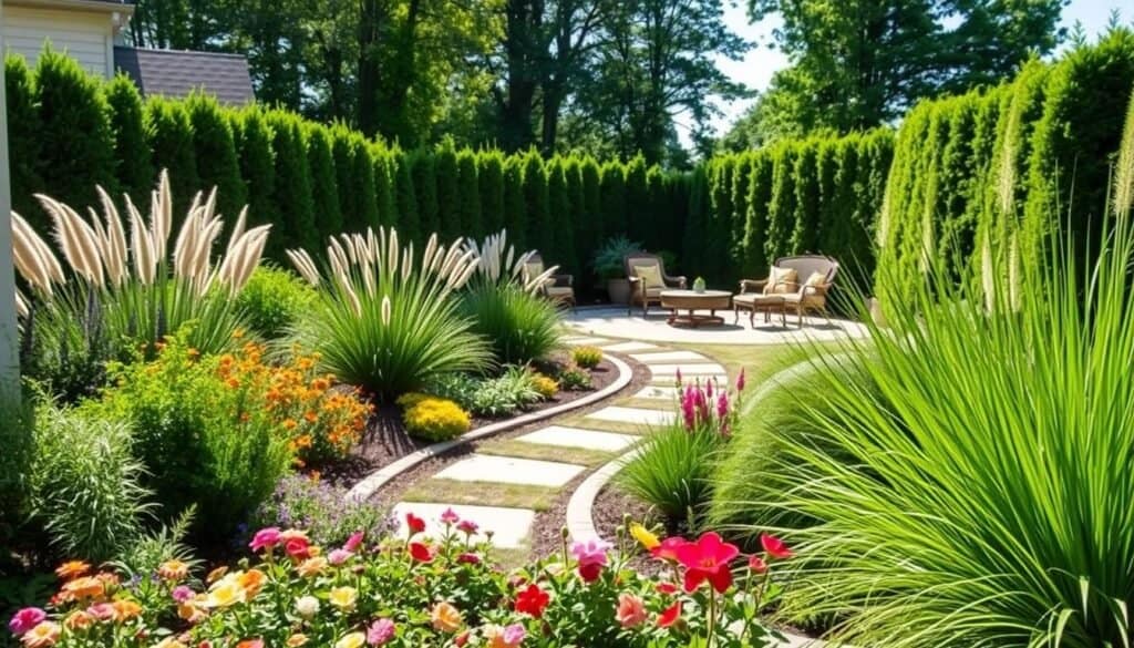 A beautifully designed foundation planting in a spacious backyard, showcasing a mix of low-maintenance shrubs, colorful perennials, and ornamental grasses that create a sense of privacy. In the foreground, vibrant flowers bloom next to a well-defined border, inviting and welcoming. The middle ground features a softly curved pathway leading to a cozy sitting area, adorned with tasteful garden furniture. In the background, tall hedges and strategically placed trees provide a sense of enclosure and intimacy, filtering soft sunlight that casts gentle shadows across the scene. The mood is tranquil and serene, emphasizing the comfort that well-planned landscaping can bring to an open backyard. Use bright natural light to enhance the colors, with a slightly elevated perspective for a comprehensive view of the garden layout.
