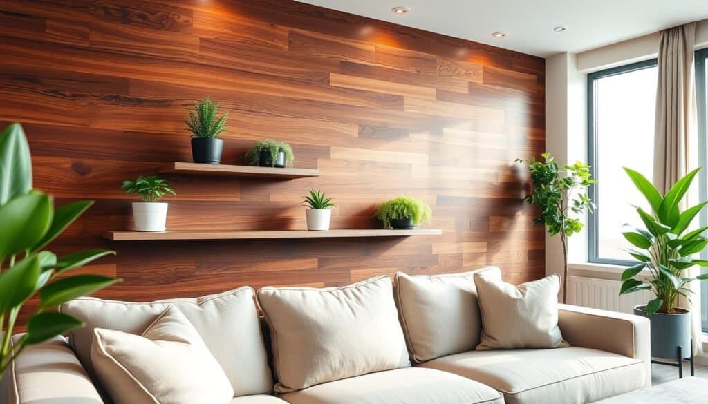 A beautifully designed interior featuring a wood accent wall made from rich, warm tones of walnut and cedar. In the foreground, a cozy living space with a plush neutral couch adorned with decorative pillows. The middle ground showcases the striking wood accent wall, intricately detailed with natural grains and patterns. Potted green plants, such as ferns and succulents, are strategically placed on stylish shelves, adding a touch of nature. In the background, a window lets in bright, soft sunlight, creating an airy atmosphere. The lighting emphasizes the textures of the wood and plants, with shadows adding depth. The overall mood is warm, inviting, and serene, perfect for a modern home.