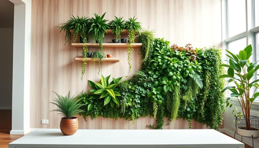 A beautifully designed living plant wall in a modern interior space, vibrant green foliage cascading down from shelves mounted on a light-colored wooden wall. In the foreground, a small potted plant adds a touch of warmth on a sleek minimalist table. The middle ground showcases the lush plant wall, featuring a variety of plants such as ferns, succulents, and trailing vines, creating a lush, immersive texture. In the background, large windows allow soft, natural light to illuminate the space, enhancing the bright, airy atmosphere. The mood is serene and inviting, ideal for a calming home environment. The scene captures the essence of transforming stark rooms into refreshing, vibrant spaces with greenery.