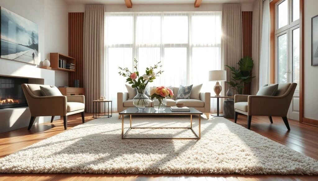 A beautifully designed living room focused on a striking focal point, such as a modern fireplace or an oversized piece of art. In the foreground, a plush area rug anchors the space, while an elegant coffee table is adorned with a carefully arranged vase of fresh flowers. In the middle, a cozy, contemporary sofa invites relaxation, flanked by stylish accent chairs. At the back, large windows let in bright, natural light, creating a warm and inviting ambiance. The room features light-colored walls and wooden accents, enhancing the airy feel. Soft sunlight filters through sheer curtains, casting gentle shadows. The angle is from a slight diagonal, emphasizing the layout's balance and harmony, showcasing a serene mood that feels effortlessly organized and appealing.