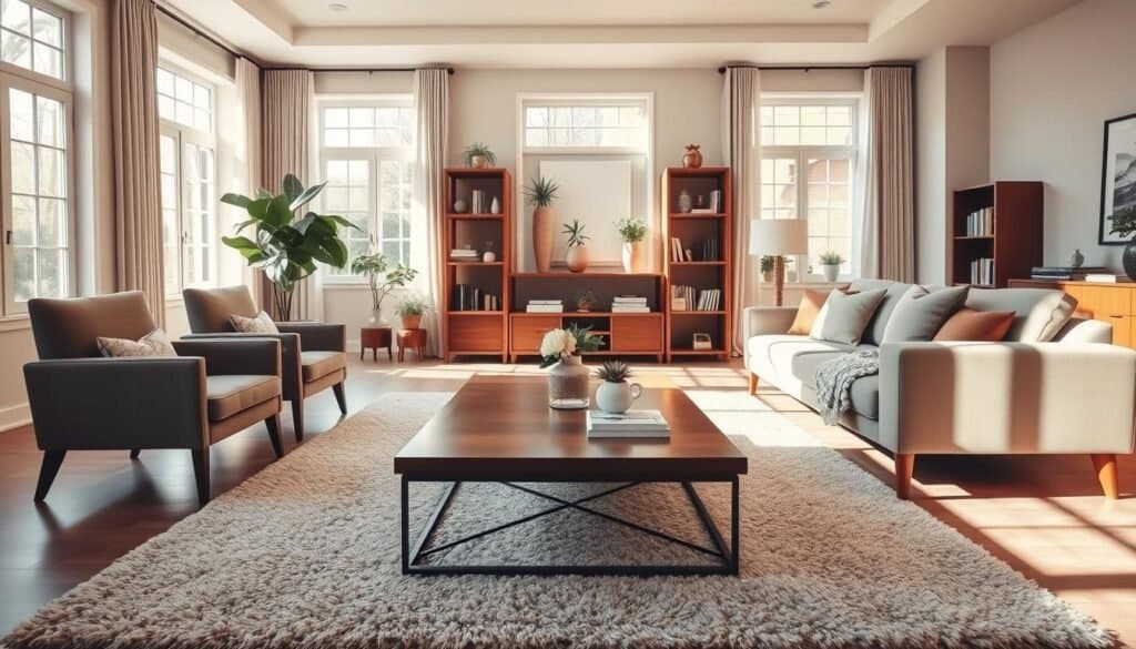 A beautifully designed living room showcasing a balanced scale and proportion in its layout. In the foreground, a stylish coffee table sits centrally on a plush area rug, surrounded by well-proportioned seating: a pair of elegant armchairs and a large, inviting sofa. The middle of the room features a tasteful arrangement of decor items such as potted plants and bookshelves that enhance the sense of harmony. Natural light streams through expansive windows, casting soft shadows and creating a cheerful, airy atmosphere. In the background, neutral-colored walls complement the warm wooden accents of the furniture. The overall mood is one of tranquility and sophistication, inviting relaxation. The perspective is shot at eye level, capturing the inviting layout in a realistic home décor setting.