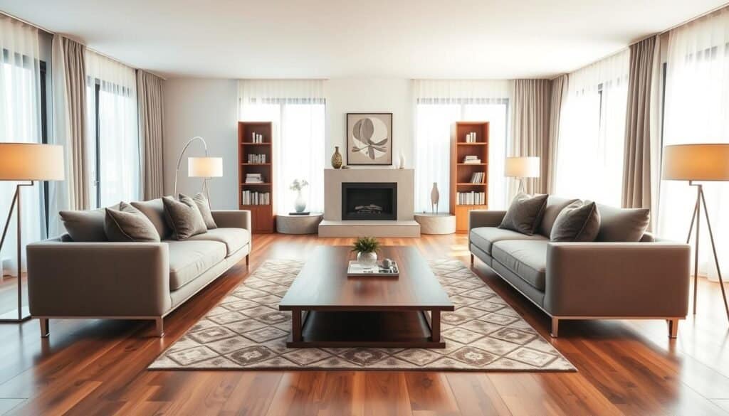 A beautifully designed living room showcasing symmetry in its layout. In the foreground, a plush, matching sofa set with elegant throw pillows sits opposite a sleek wooden coffee table. On either side, identical floor lamps cast soft, warm light. In the middle ground, a perfectly arranged area rug anchors the space, surrounded by balanced decorative elements like two identical bookshelves flanking a modern fireplace. The background features large windows adorned with sheer curtains, allowing bright natural light to fill the room, enhancing the airy atmosphere. The overall mood is calm and inviting, reflecting the concept of visual balance in contemporary home décor. Ideal for an article discussion on living room layout.