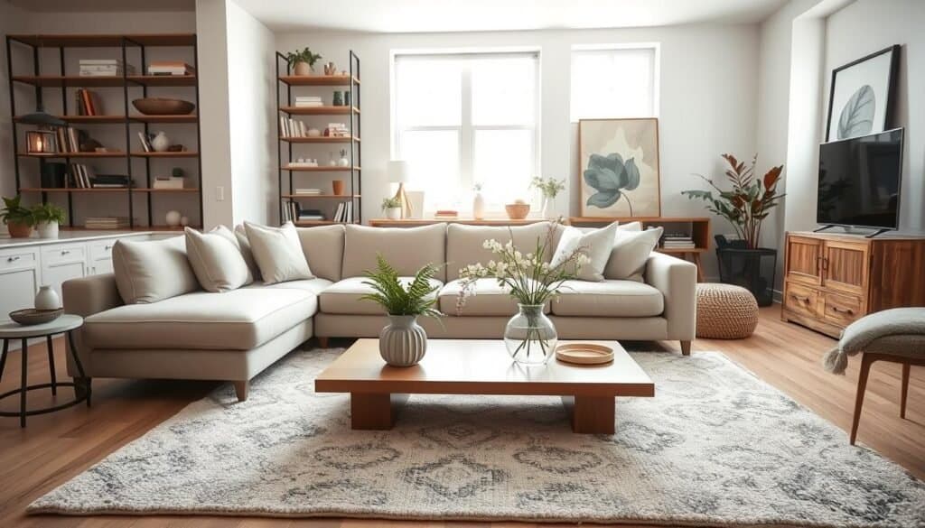 A beautifully designed living room that showcases cohesive decor, featuring a harmonious blend of modern and rustic elements. In the foreground, a soft, textured area rug anchors a comfortable sectional sofa adorned with neutral-colored cushions. A stylish coffee table rests in front, embellished with a tasteful vase of fresh flowers. The middle section reveals a well-organized bookshelf filled with curated accessories and books, seamlessly integrated with wall art that complements the overall color scheme. In the background, large windows allow bright natural light to filter in, enhancing the airy atmosphere with soft sunlight. The scene is shot from a slightly angled perspective to capture depth, evoking a serene and inviting mood, ideal for reflection on balance and design cohesion in living spaces.