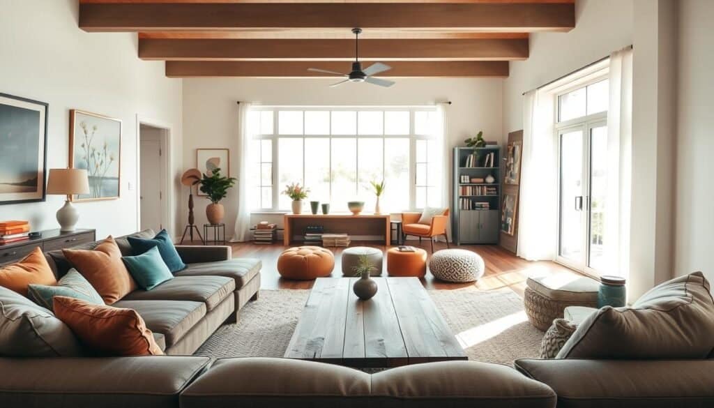 A beautifully designed living room that showcases flexibility and adaptability. In the foreground, a stylish modular sofa arranged with colorful throw pillows, inviting and comfortable. The middle area features a sleek coffee table made of reclaimed wood, surrounded by versatile seating options like ottomans and poufs. In the background, large windows let in bright, soft sunlight, illuminating the room and casting gentle shadows. Tasteful artwork adorns the walls, and a cozy reading nook with a well-placed bookshelf adds a sense of warmth. The overall mood is airy and fresh, reflecting a balance of elegance and comfort, designed for a lifestyle that embraces change and spontaneity. Use a wide-angle lens to capture the spaciousness, with a soft focus that enhances the inviting atmosphere.