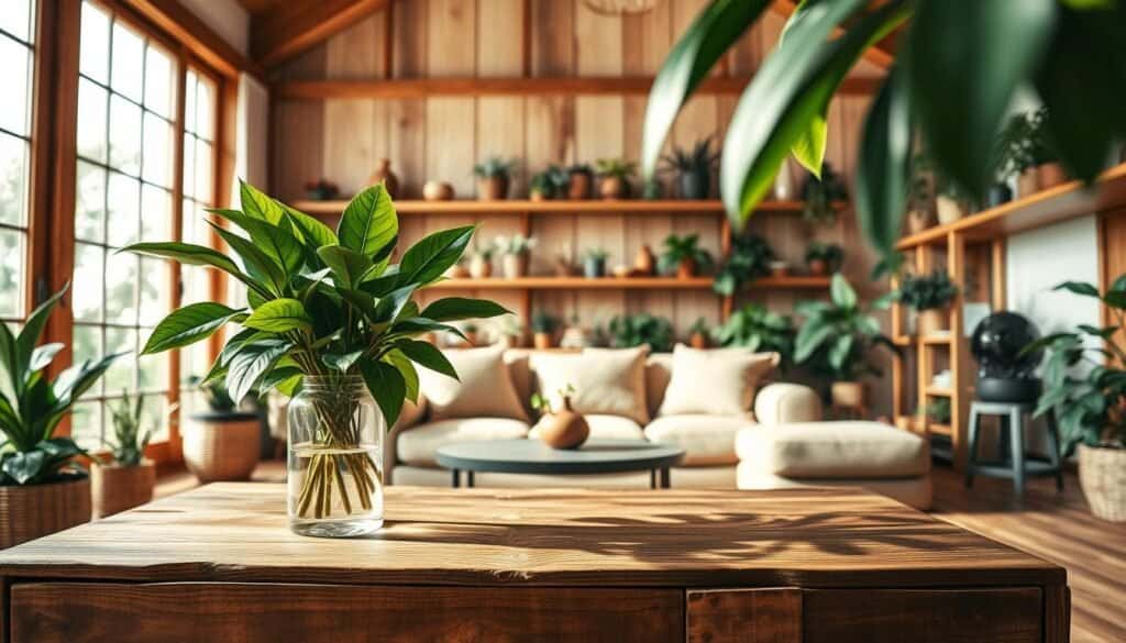 A beautifully designed living room that showcases the harmonious integration of natural elements in home design. In the foreground, a rustic wooden coffee table with a minimalist vase holding lush green indoor plants, casting soft shadows. The middle ground features an inviting sofa adorned with earth-toned cushions, surrounded by wooden shelves displaying a variety of potted plants. The background reveals large windows that fill the space with bright, natural light, highlighting the warm wooden beams and walls. The atmosphere is tranquil and airy, capturing the essence of comfort and sustainability. The scene is captured from a slightly elevated angle using a wide-angle lens, showcasing the entire decor while maintaining a cozy ambiance with soft sunlight filtering through the leaves.