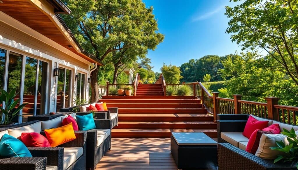 A beautifully designed multi-level deck seating area ideal for large gatherings. In the foreground, a cozy arrangement of soft upholstered outdoor sofas and armchairs features vibrant cushions, inviting guests to relax. The middle ground showcases a series of wooden steps that connect different levels of the deck, each adorned with potted plants and ambient lighting. In the background, lush greenery of a well-maintained garden is visible, complemented by a clear blue sky. The scene is illuminated by bright, natural light filtering through the trees, creating soft shadows and a warm atmosphere. The angle captures the depth and elevation of the deck, emphasizing a welcoming and comfortable space perfect for socializing.