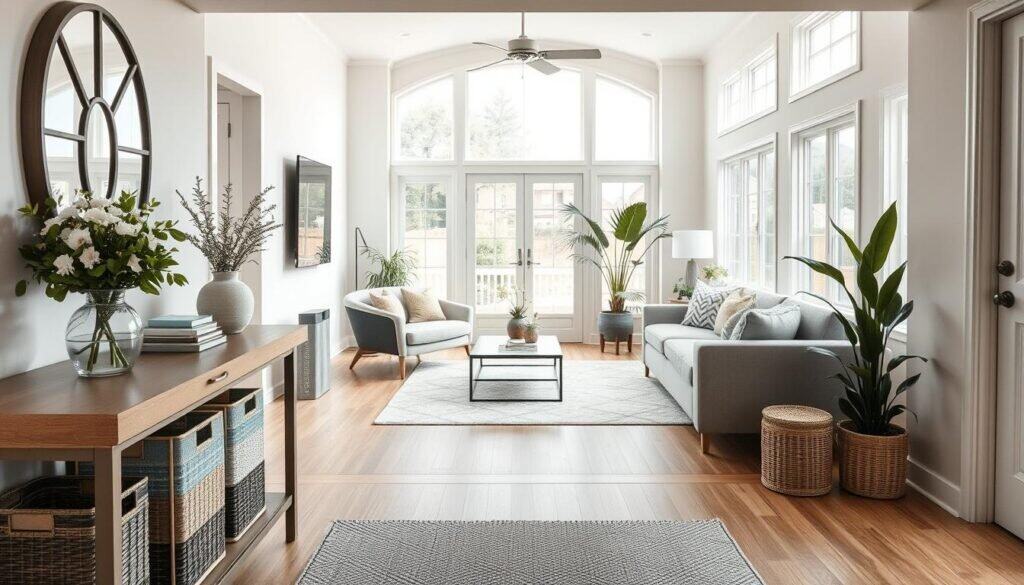 A beautifully designed open concept entryway leading into a cozy living room. In the foreground, a stylish console table with fresh flowers and decorative storage baskets. The middle ground showcases a seamless flow into the living room, featuring a chic sofa, accent pillows, and a coffee table, all arranged to create an inviting atmosphere. In the background, large windows allow soft, natural light to fill the space, enhancing the airy feel. The overall decor includes light wood tones and neutral colors with pops of greenery from indoor plants. The scene captures a tranquil and welcoming mood, emphasizing functionality while minimizing clutter. Use bright, diffused lighting to highlight the inviting nature of the space, captured from a slightly elevated angle to showcase the layout effectively.