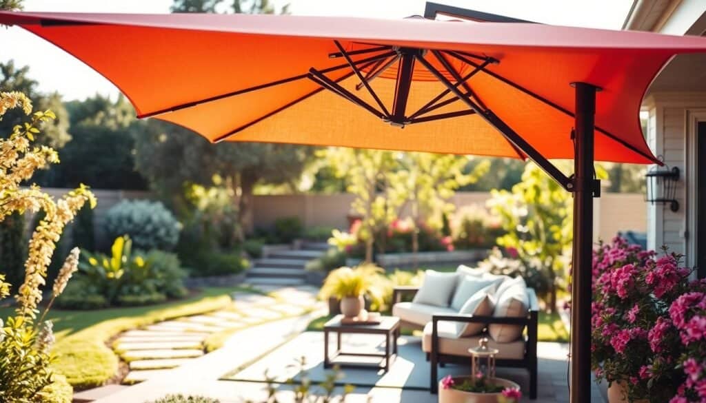 A beautifully designed outdoor cantilever umbrella stands prominently in the foreground, showcasing its elegant, extended canopy that provides ample shade. The umbrella's vibrant fabric contrasts with a sleek, modern base that subtly blends into the surroundings. In the middle ground, a comfortable seating area is arranged with plush cushions and tasteful décor, inviting relaxation. Lush greenery and blooming flowers frame the scene, enhancing the tranquil setting. The background reveals a bright, sunlit backyard, with a soft-focus garden path winding through vibrant plants. The atmosphere is serene and inviting, illuminated by warm, natural light filtering through the umbrella's fabric. The image is captured at a slight angle, emphasizing depth and enhancing the cozy ambiance of this outdoor retreat.