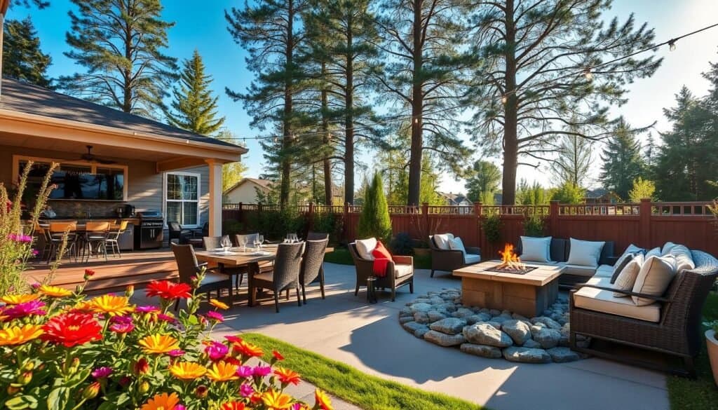 A beautifully designed outdoor entertainment area featuring a cozy patio deck with comfortable seating, a stylish outdoor dining table set for a meal, and an area with a fire pit surrounded by decorative stones. In the foreground, a lush garden with vibrant flowers adds color and life, while in the middle ground, the patio area is enhanced by warm string lights overhead and soft cushions on the furniture, creating an inviting atmosphere. The background showcases tall trees and a blue sky, with gentle sunlight filtering through the leaves, casting dappled shadows on the ground. The scene captures a relaxed and joyful mood, ideal for gatherings and outdoor fun. Shot with a wide-angle lens to encompass the full vibrancy of the space, highlighting its inviting ambiance.