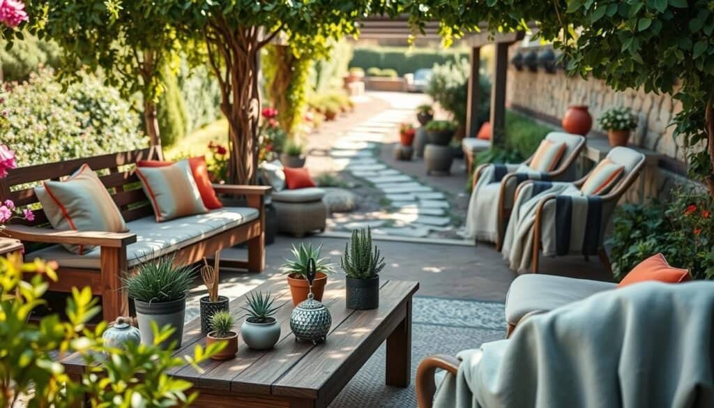 A beautifully designed outdoor garden seating area, featuring a stylish wooden bench adorned with vibrant cushions, surrounded by lush greenery and blooming flowers. In the foreground, include a rustic wooden coffee table set with decorative potted plants and a few artfully arranged garden tools. The middle layer showcases additional seating options like elegant wicker chairs draped with soft blankets, invitingly placed under a shaded arbor. In the background, glimpse a tranquil path lined with stones leading to more garden features. Capture the scene in bright, natural light with soft sunlight filtering through the leaves, creating dappled shadows, evoking a serene and welcoming atmosphere perfect for relaxation. Use a slightly elevated angle to provide depth and focus on the cozy seating arrangements.