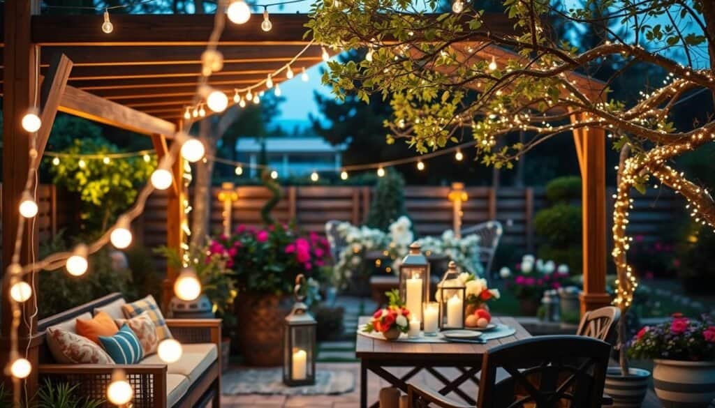 A beautifully designed outdoor garden space at dusk, filled with a variety of decorative lights that illuminate the scene gently. In the foreground, delicate string lights drape across a rustic wooden gazebo, casting soft glows on a cozy seating area adorned with colorful cushions. In the middle, a patio table is elegantly set up with lanterns, flickering candles, and floral arrangements, creating an inviting ambiance. The background features lush greenery, flowering plants, and twinkling fairy lights wrapped around tree branches, enhancing the serene atmosphere. The image captures bright natural light fading into soft evening hues, conveying a warm, inviting, and tranquil mood. Shot with a shallow depth of field for a cozy, intimate focus.