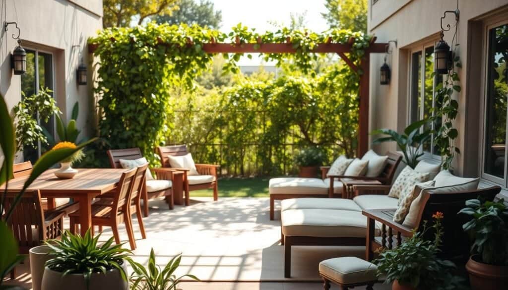 A beautifully designed outdoor living space, featuring a cozy, defined area with elegant wooden furniture, including a stylish dining table and comfy lounge chairs. The foreground showcases potted plants and a soft outdoor rug, creating a welcoming atmosphere. In the middle, a trellis adorned with climbing vines provides a natural boundary, enhancing the space's privacy and allure. The background features a lush green garden with soft sunlight filtering through the leaves, casting gentle shadows. The scene is captured from a slightly elevated angle to showcase the layout and design elements. The mood is serene and inviting, perfect for relaxation and enjoyment in a well-lit, airy environment.
