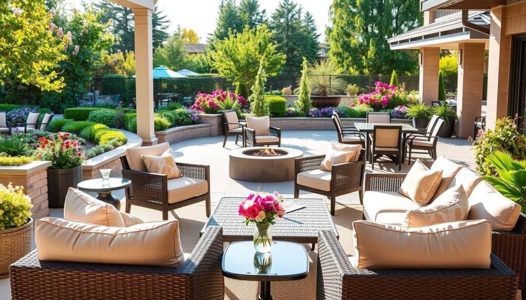 A beautifully designed outdoor seating area, featuring a variety of stylish, comfortable furniture pieces arranged to enhance traffic flow and accessibility. In the foreground, there's a set of plush armchairs with soft, inviting cushions, facing a low coffee table adorned with a vase of fresh flowers. The middle section showcases a spacious dining table with elegant chairs positioned for easy movement, and a cozy lounge area with a fire pit, all under the soft glow of late afternoon sunlight. In the background, a lush garden filled with vibrant greenery and blooming flowers adds depth to the scene. The overall atmosphere is warm and inviting, emphasizing comfort and functionality, with bright natural light illuminating the space, evoking a relaxed yet sophisticated outdoor vibe.