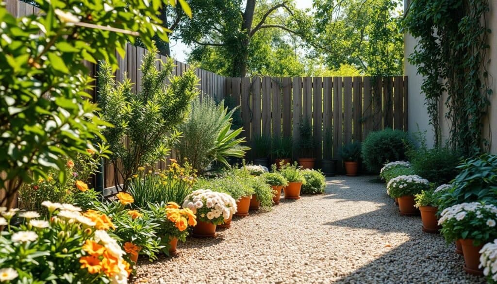 A beautifully designed small garden showcases a harmonious blend of lush plants and stylish pathways, inviting a sense of serenity. In the foreground, soft, vibrant flowers in varied colors create a welcoming atmosphere, flanking a gently winding gravel path. The middle ground features an array of neatly arranged potted herbs and small shrubs, adding texture and life. In the background, a rustic wooden fence subtly outlines the space, intertwined with climbing vines, enhancing the natural feel. The scene is bathed in bright, natural light with soft sunlight filtering through the leaves, creating delicate shadows on the ground. Capture this picturesque moment from a slightly elevated angle, emphasizing the charming layout while ensuring the atmosphere is calm and inviting, perfect for an outdoor living area.