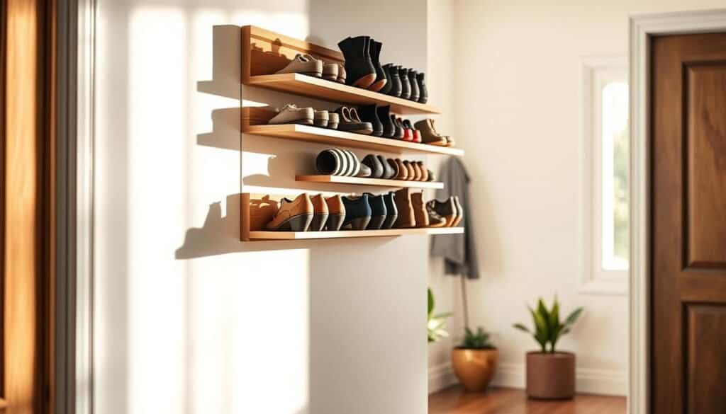 A beautifully designed wall-mounted shoe rack made of natural wood, showcasing a modern and minimalist aesthetic. The rack is adorned with various stylish shoes neatly organized on it, emphasizing functionality while enhancing the entryway's decor. In the foreground, the rack is prominently displayed, with shadows softly cast by bright natural light filtering through a nearby window, creating a warm atmosphere. The middle ground features a tidy entryway with a hint of greenery from potted plants, reflecting a clutter-free environment. In the background, a light-colored wall complements the shoe rack, highlighting its craftsmanship. The overall mood is inviting and practical, capturing the essence of a well-organized home.