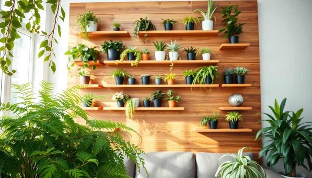 A beautifully designed wood plant accent wall, featuring various shelves adorned with lush green plants in stylish pots. In the foreground, a mix of leafy ferns and trailing vines hangs gracefully, contrasting against the rich, textured wood paneling. The middle ground showcases a well-organized wall with diverse plant species, including succulents and air plants, meticulously arranged to create an inviting atmosphere. In the background, soft natural light streams in through a large window, casting gentle shadows and illuminating the vibrant foliage. The scene radiates a serene and tranquil mood, ideal for busy homeowners seeking effortless plant care solutions. The overall composition is airy and bright, emphasizing the connection between nature and interior design.