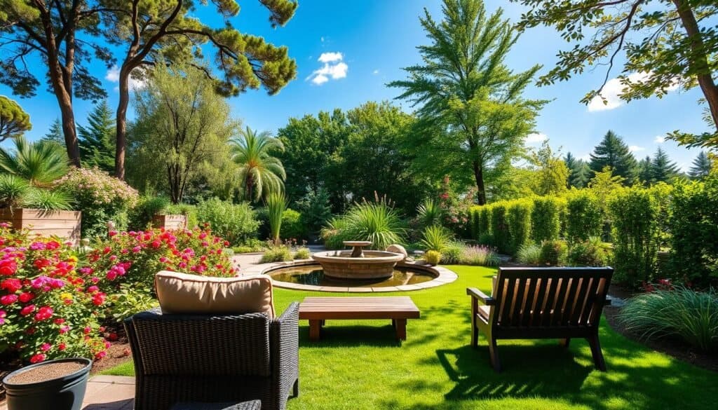 A beautifully landscaped backyard featuring various seating arrangements to illustrate seating direction. In the foreground, a cozy patio set with plush cushions is positioned facing away from a vibrant flower garden, highlighting the importance of seating orientation. In the middle ground, a wooden bench is placed adjacent to a serene pond, creating a tranquil retreat. The background consists of lush greenery with tall trees and blooming plants under a bright blue sky, infused with soft sunlight, creating a warm, inviting atmosphere. The scene is captured with a wide-angle lens, providing a detailed view of the harmonious layout. The overall mood reflects comfort and relaxation, emphasizing the implications of seating direction in outdoor spaces.