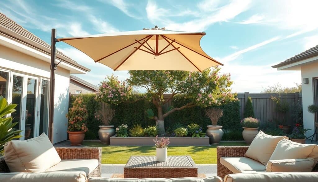 A beautifully optimized outdoor living space set in a bright, airy backyard, showcasing a well-arranged seating area with comfortable furniture made of natural materials. In the foreground, a cozy patio with plush cushions under a large, elegant umbrella. In the middle, a vibrant garden with blooming flowers and small trees providing gentle privacy, complemented by decorative planters. In the background, a soft blue sky with wispy clouds filtering sunlight, illuminating the space. The lighting is warm and inviting, creating a tranquil atmosphere. The angle captures the expanse of the backyard while emphasizing the cozy nook, inviting viewers to imagine their own serene outdoor retreat.