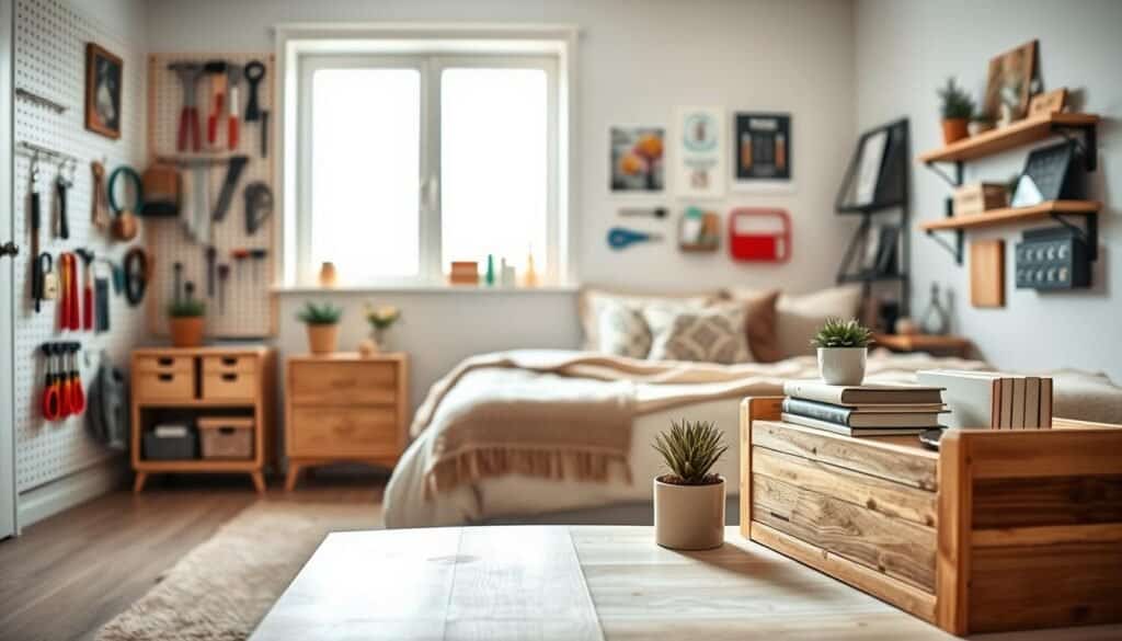 A beautifully organized bedroom scene showcasing various DIY crafts for storage solutions. In the foreground, a handcrafted wooden nightstand with neatly arranged books and a small potted plant. The middle ground features a comfy bed adorned with decorative pillows and a cozy blanket that complements the color palette. To the left, a pegboard wall displays a collection of organized tools and craft materials, emphasizing a creative DIY spirit. The background shows a gently lit window that allows soft, natural light to bathe the room in an airy glow. The overall atmosphere is warm, inviting, and inspiring, perfect for showcasing innovative bedroom and living room organization ideas. A wide-angle lens captures the entire room, emphasizing both functionality and aesthetic appeal.