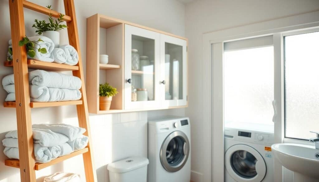 A beautifully organized compact bathroom featuring innovative storage solutions. In the foreground, showcase a stylish wooden ladder shelf filled with rolled towels and plants for a touch of greenery. The middle ground highlights a wall-mounted cabinet with glass doors, displaying neatly arranged toiletries and decorative jars. In the background, a sliding door leads to a small space-saving washer/dryer combo. The setting is illuminated by bright natural light filtering through a frosted window, creating a soft and airy atmosphere. The color palette consists of soft pastels and white, enhancing the feeling of cleanliness and organization. Capture the scene from a slight angle to emphasize depth and functionality, ensuring a cozy yet modern vibe in this small bathroom.