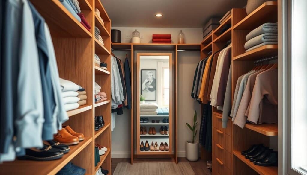A beautifully organized custom closet featuring adjustable shelving, showcasing a range of neatly arranged clothes, shoes, and accessories. In the foreground, focus on elegant wooden shelves that adjust at various heights, lined with colorful shirts and folded sweaters. A stylish shoe rack peeks through, displaying an assortment of footwear. In the middle ground, include a full-length mirror reflecting the well-organized space. The background shows soft natural lighting streaming in through a nearby window, illuminating the closet with bright, airy vibes. The decor is modern and inviting, with a subtle pop of greenery from small potted plants. Capture this scene from a slightly angled perspective to highlight depth and create an atmosphere of tranquility and efficiency.
