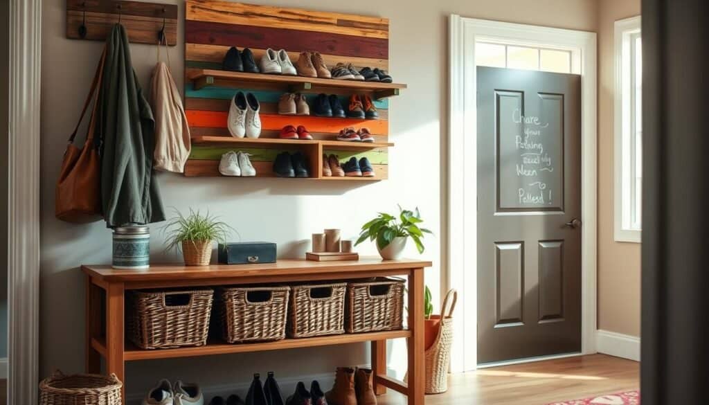 A beautifully organized entryway showcasing smart DIY storage solutions. In the foreground, a wooden console table with neatly arranged baskets and hooks for coats and bags, styled with decorative plants. The middle layer features a shoe rack made of reclaimed wood, displaying various pairs of shoes, while a vibrant, colorful wall with a chalkboard for notes and reminders adds a touch of personality. In the background, soft natural light streams through a nearby window, illuminating the space with a warm glow. The atmosphere is inviting and clutter-free, evoking a sense of calm and efficiency, ideal for eliminating entryway chaos. Capture this scene from a slightly elevated angle to emphasize the vertical organization and layers, with a shallow depth of field for a focused look on the storage solutions.