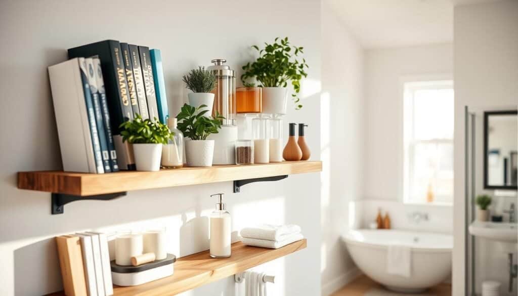 A beautifully organized kitchen and bathroom featuring DIY floating shelves, showcasing an array of neatly arranged items. In the foreground, a close-up of wooden floating shelves adorned with cookbooks, potted herbs, and aesthetically pleasing bathroom essentials like scented candles and neatly rolled towels. The middle layer presents a bright, airy kitchen with a sunlit window casting soft light on the shelves, emphasizing their natural wood grain and craftsmanship. In the background, a modern bathroom space is visible, highlighting elegant décor elements. The overall atmosphere is inviting and organized, with a focus on creating functional beauty in home spaces. Use soft sunlight to create a warm ambiance, shot from a slightly angled perspective to accentuate depth and dimension.
