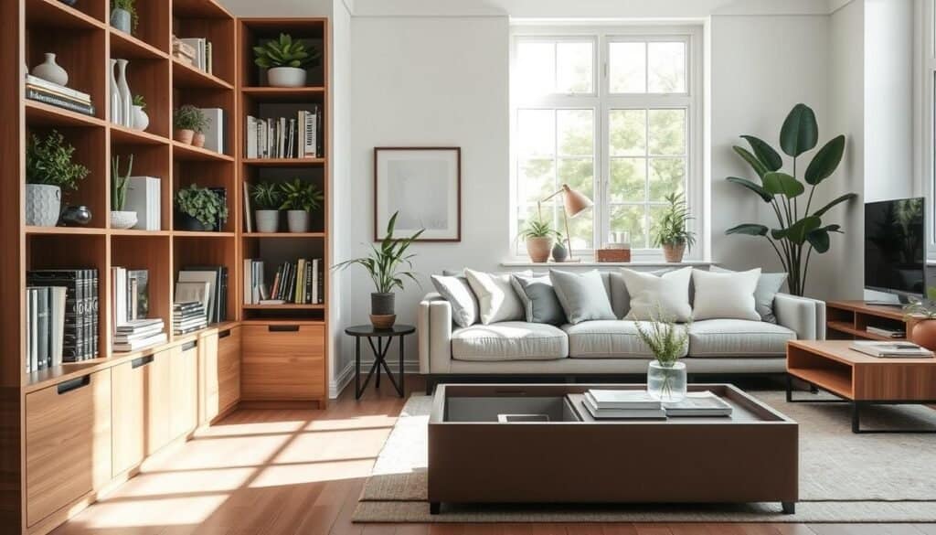 A beautifully organized living room featuring smart storage solutions designed to reduce visual clutter. In the foreground, showcase modern storage furniture like a stylish wooden shelving unit filled with neatly arranged books and decorative plants. The middle ground should have a cozy seating area with a comfortable sofa adorned with cushions, complemented by a sleek coffee table that has additional hidden storage. The background should include a bright window allowing soft, natural sunlight to illuminate the space, creating an airy atmosphere. Use a wide-angle lens to capture the entire room in a bright, inviting setting, emphasizing cleanliness and tranquility. The overall mood should evoke comfort and serenity, highlighting innovative yet practical home organization ideas.