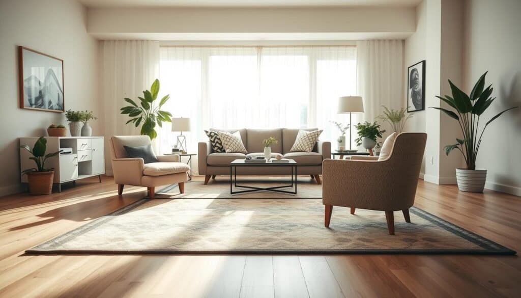 A beautifully organized living room showcasing the "walking path principle." In the foreground, there is a cozy area rug with tasteful decor, allowing for smooth foot traffic without obstruction. The middle features a balanced arrangement of comfortable furniture, such as a stylish sofa facing a modern coffee table, and a neatly positioned armchair; all arranged to encourage free movement. The background reveals a large window letting in bright, soft sunlight, creating an airy atmosphere. Potted plants add freshness, enhancing the inviting space. The overall mood is peaceful and harmonious, emphasizing functionality and balance in the layout. The scene is captured with a wide-angle lens to highlight the spaciousness, with bright, natural lighting enhancing the warmth of the décor.