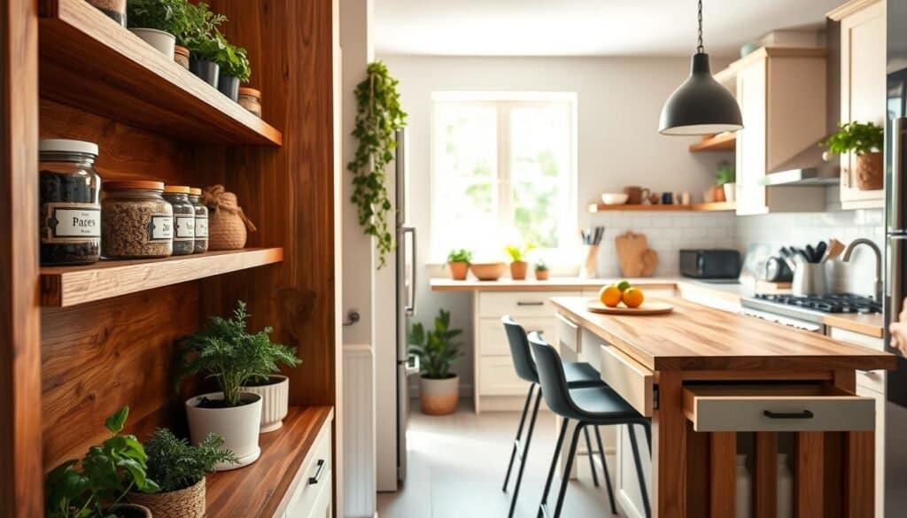 A beautifully organized small kitchen featuring a variety of DIY projects that enhance efficiency. In the foreground, sleek wooden shelves hold labeled jars for spices and dry goods, with an herb garden flourishing in pots. The middle ground showcases a compact kitchen island with bar stools, integrated with storage solutions like pull-out drawers and a wooden countertop ideal for prep work. The background reveals an airy window letting in soft, natural sunlight, illuminating light-colored cabinets and vibrant decor. The scene captures a sense of warmth and functionality, emphasizing a stylish yet practical approach to maximizing space. The overall atmosphere is inviting and inspiring, encouraging viewers to imagine their own efficient kitchen transformations.