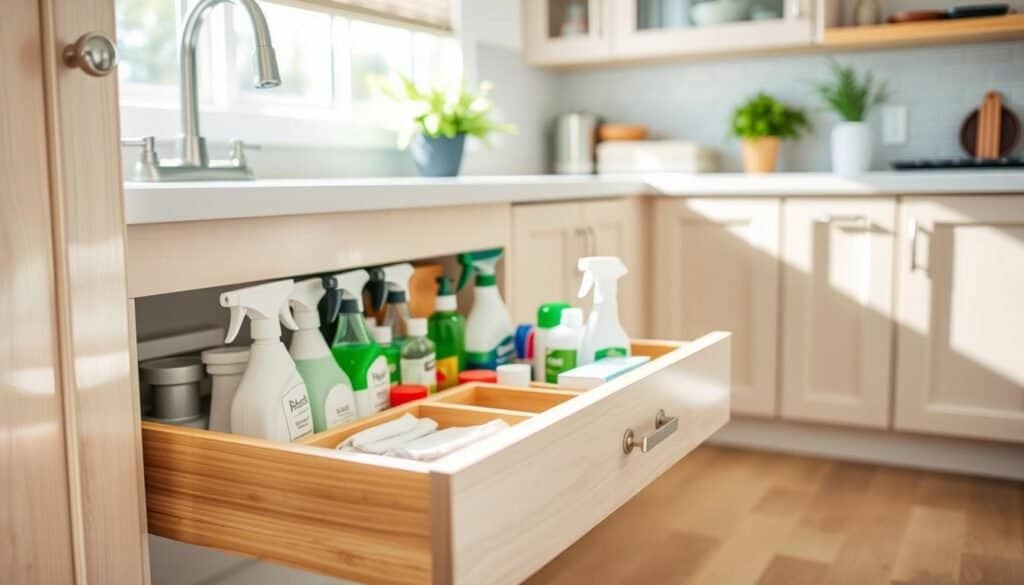 A beautifully organized under-sink pull-out storage system, showcasing neatly arranged cleaning supplies, tools, and kitchen essentials. In the foreground, a smooth, wooden pull-out drawer glides open, revealing compartments filled with various spray bottles, neatly labeled containers, and microfiber cloths. The middle ground features a light-toned cabinetry with polished hardware, reflecting bright natural light that streams in from a nearby window. In the background, a soft-focus view of a well-organized kitchen, with green plants subtly placed for a fresh touch. The overall atmosphere is clean, airy, and inviting, with soft sunlight illuminating the space, creating a sense of functionality and ease.