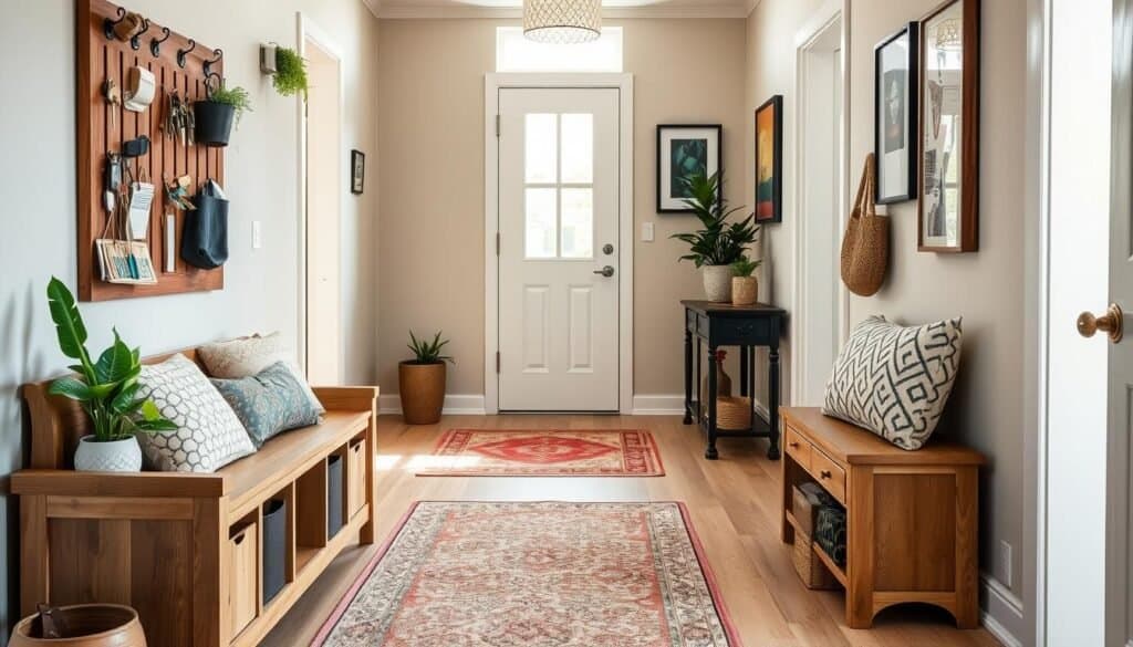 A beautifully redesigned entryway featuring a stylish mix of functionality and aesthetics. In the foreground, a handcrafted wooden bench with storage cubbies sits invitingly, adorned with decorative cushions. To its side, a vertical wall organizer holds keys, mail, and small potted plants, adding greenery. The middle area showcases a welcoming patterned rug on a light-colored wooden floor, creating warmth and texture. A slender mirror reflects soft sunlight filtering through a window, enhancing the airy atmosphere. In the background, neutral-toned walls are accented with framed art, and a small console table displays decorative items. The scene is bright with natural light, evoking a sense of openness and organization, perfect for a small space entryway makeover.
