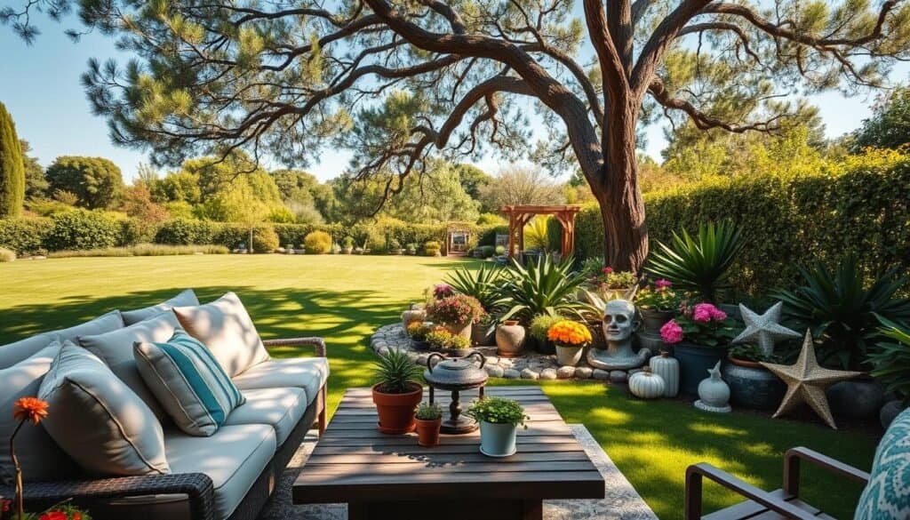 A beautifully styled backyard featuring theme-based decor, showcasing a cozy outdoor seating area in the foreground with comfortable cushions and a rustic wooden table adorned with potted plants. In the middle ground, a vibrant garden filled with colorful flowers and decorative garden ornaments that reflect a harmonious theme, such as a tropical or coastal style. The background presents a lush green lawn under a bright blue sky, illuminated by soft, natural sunlight filtering through tree branches, creating a warm and inviting atmosphere. The composition should be captured with a wide-angle lens to emphasize depth, evoking a sense of tranquility and inspiration for outdoor living spaces.