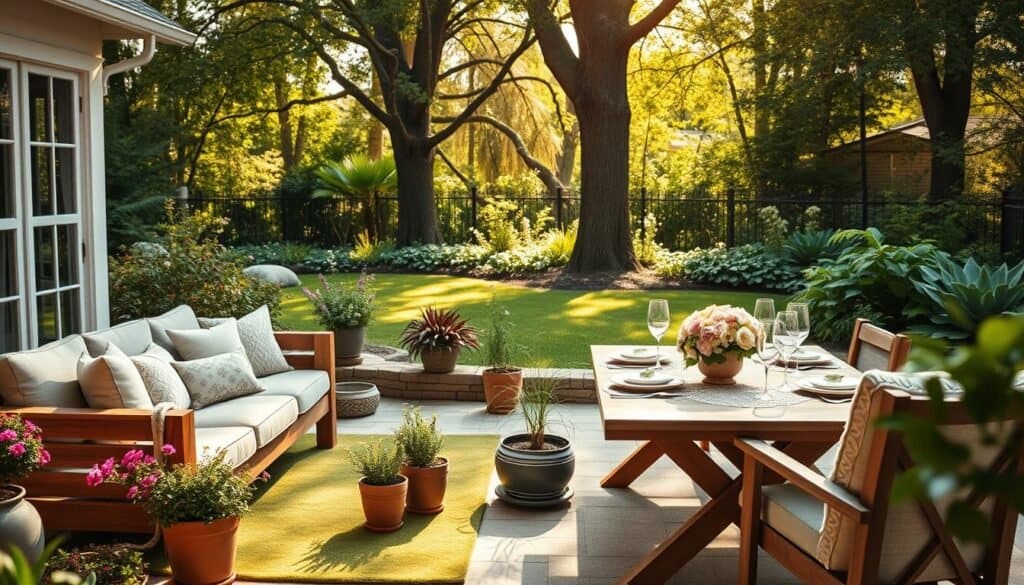 A beautifully styled backyard scene, featuring a cozy seating area with comfortable, neutral-colored cushions on wooden furniture. In the foreground, a vibrant green rug adds texture, while potted plants with colorful flowers create a welcoming atmosphere. In the middle ground, a stylish outdoor dining table is adorned with elegant tableware and a simple centerpiece of fresh flowers. The background showcases a lush garden filled with greenery and tall trees, bathed in soft, warm sunlight that filters through the leaves, creating dappled patterns on the ground. The overall mood is serene and inviting, evoking a sense of relaxation and homey comfort. The composition is captured from a slight angle to enhance depth, with bright, natural lighting illuminating the scene.