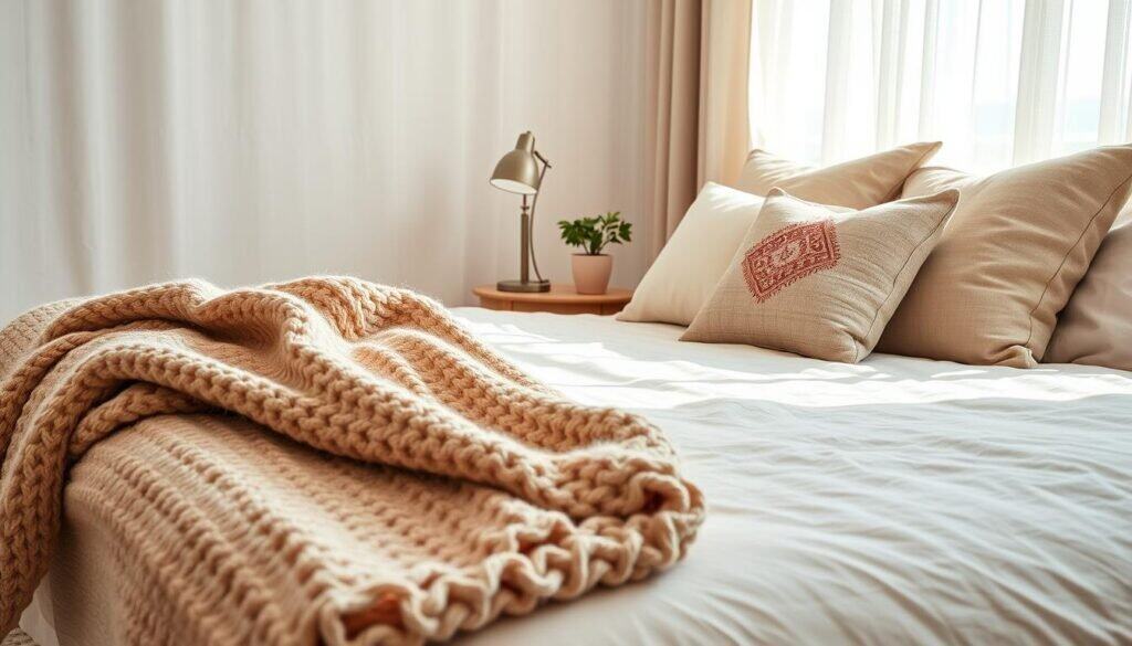 A beautifully styled bedroom featuring layered textures that create warmth and dimension without visual heaviness. In the foreground, a plush, knitted throw blanket drapes over a soft, light-colored bedspread with subtle patterns. A set of decorative pillows in various fabrics—linen, velvet, and cotton—add depth to the bed. In the middle, a rustic wooden bedside table showcases a cozy reading lamp and a small potted plant, providing a touch of greenery. The background features a well-lit window with sheer curtains that allow soft, natural light to filter in, casting gentle shadows. The overall mood is inviting and serene, perfect for relaxation, with a color palette of warm neutrals and soft pastels. The scene captures the essence of stylish yet comfortable bedroom décor.